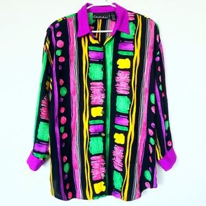 Vintage 90s Retro Art Deco Geometric Abstract Neon Button Down Long Sleeve Shirt